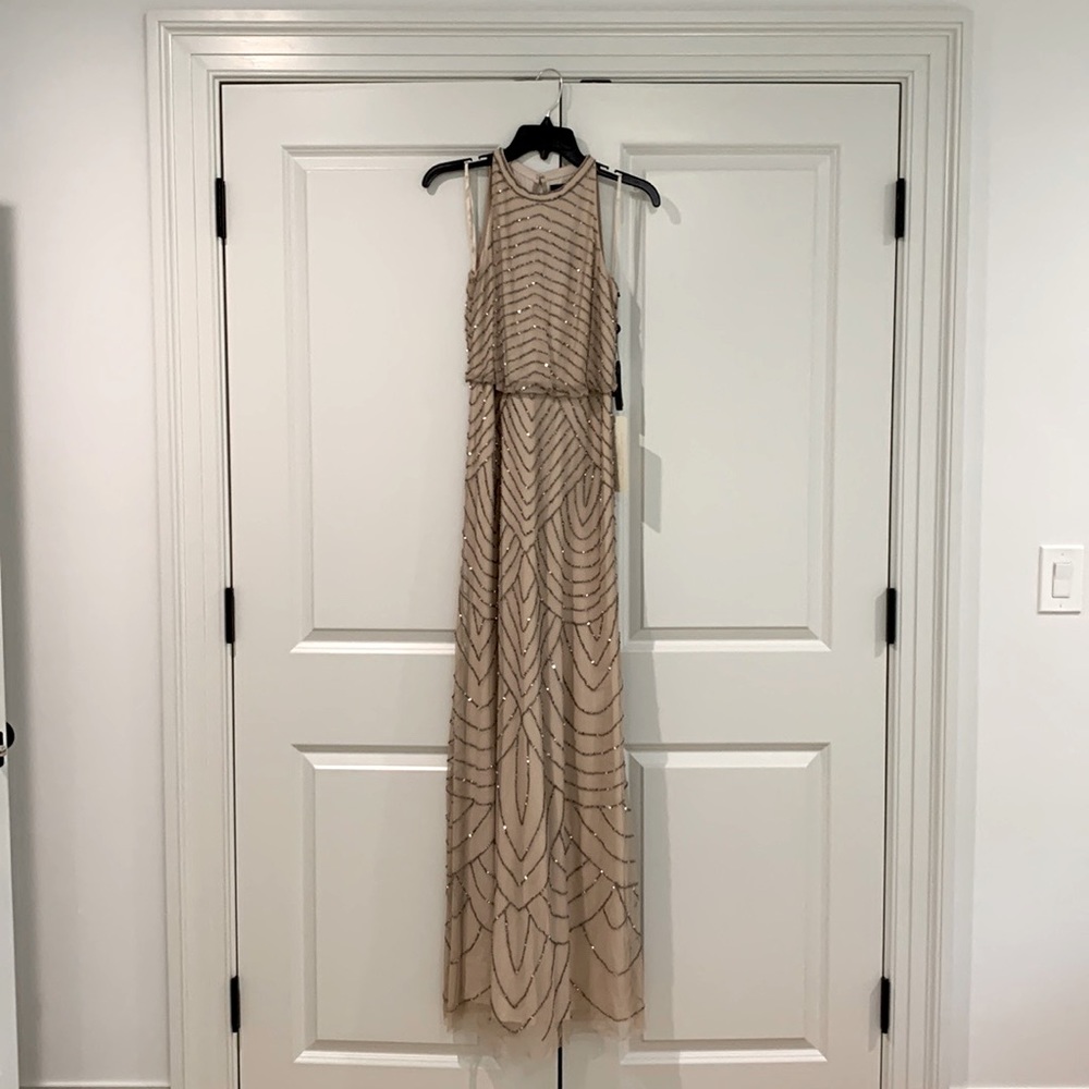 Adrianna Papell Beaded Halter Gown, Nude, Size 4